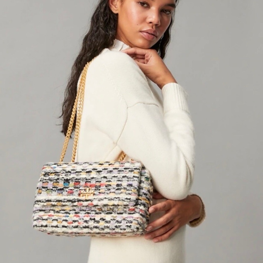 Spring Tory Burch Woven Tweed Shoulder Bag with Gold Chain Strap